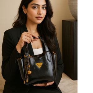 Handbag for Women with Golden Charm & Top Handle- Classic Black