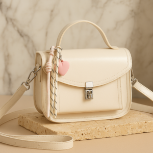 Handbag for Women with Top Handle & Sling Strap-sleek Cream glossy handbag front view